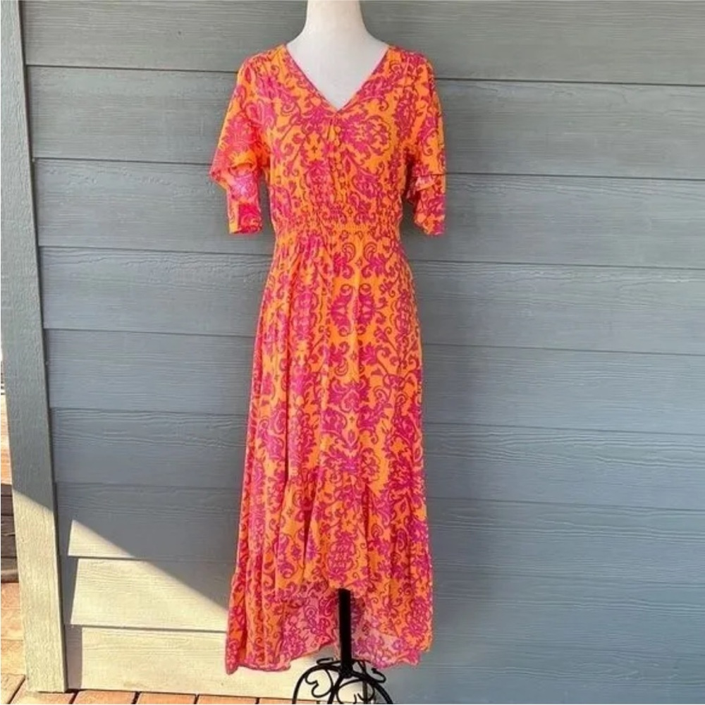 Vibrant Pink and Orange Midi Dress